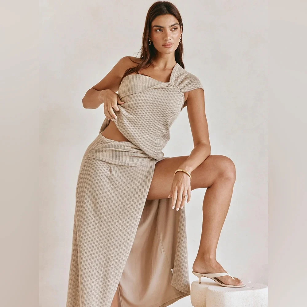 NWT SABO Nina Boho Knot-Front Ribbed Knit Hight Waisted Beige Split Maxi Skirt - Picture 2 of 14